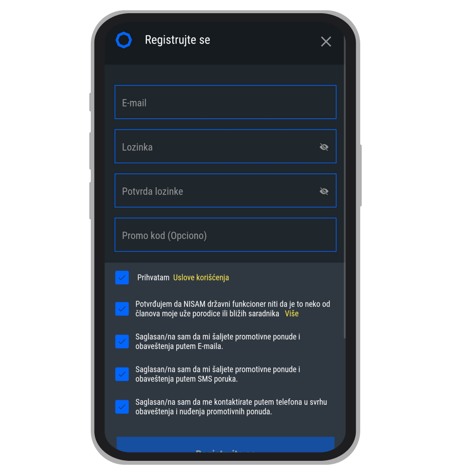 Stranica za registraciju na OktagonBet