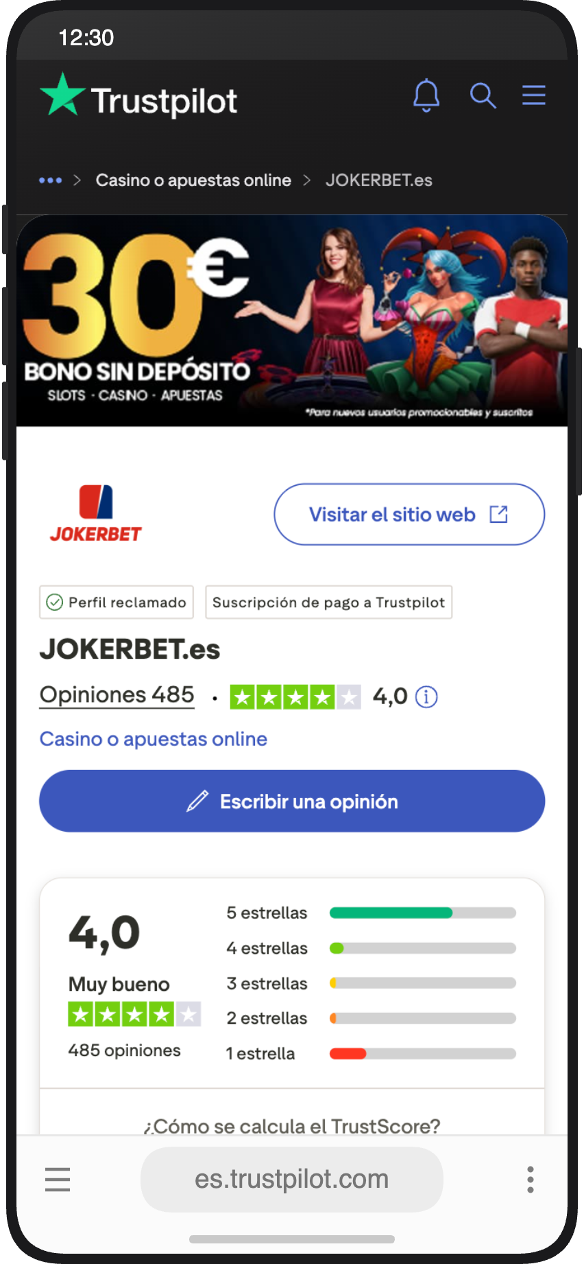 Página de Trustpilot de JOKERBET.es mostrando puntuación de 4,0 y 485 opiniones