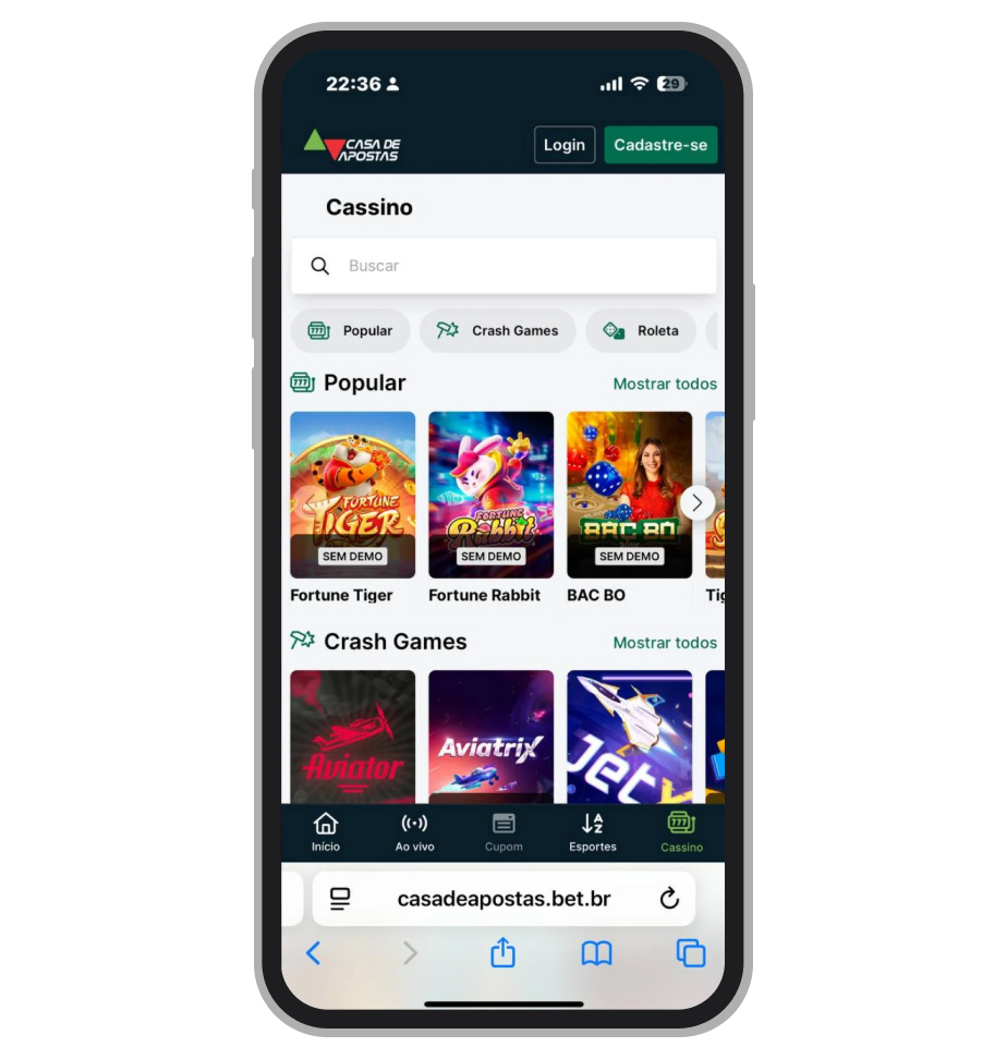Página principal da Casa de Apostas com menu de cassino, login, Pix de R$1 e destaque para jogos populares