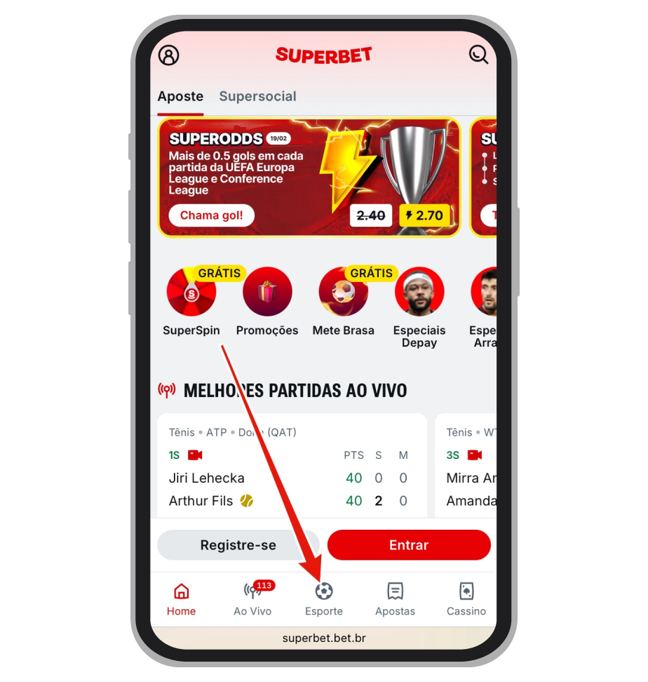 Seção "Esporte" na Superbet