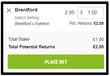 A single bet at odds of 2.05 placed at Ladbrokes