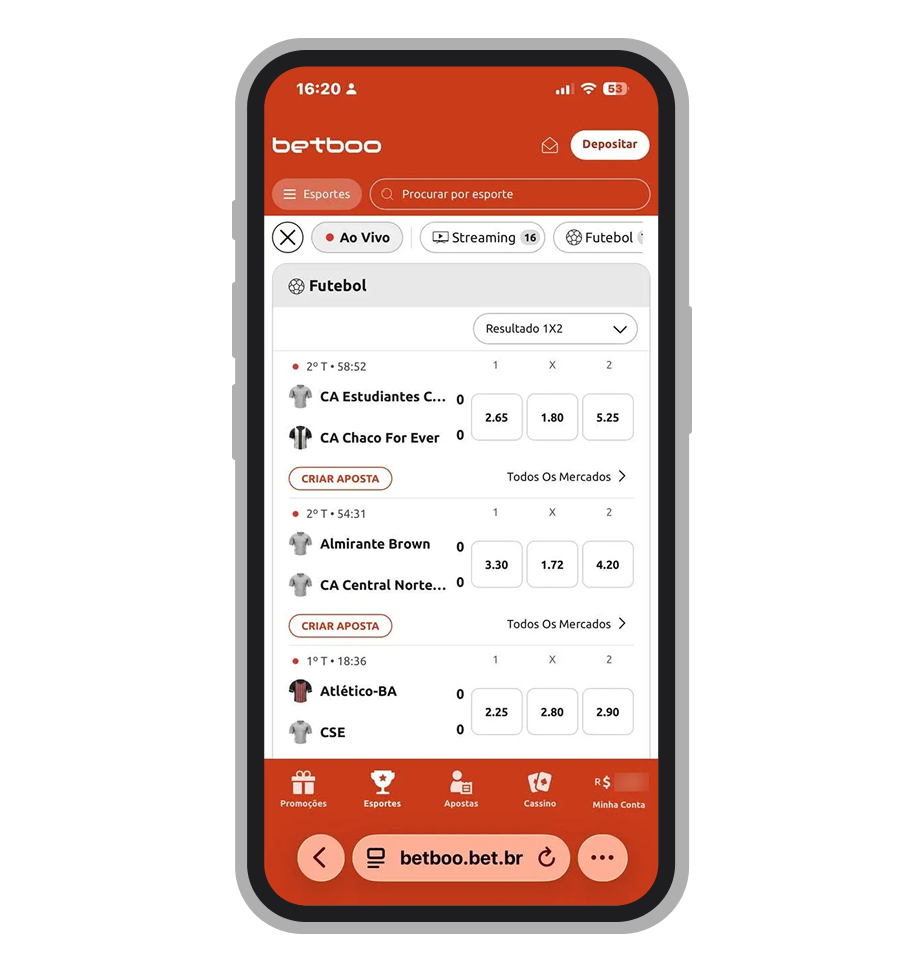 Seção ao vivo da Betboo com streaming de 16 jogos de futebol e odds em tempo real