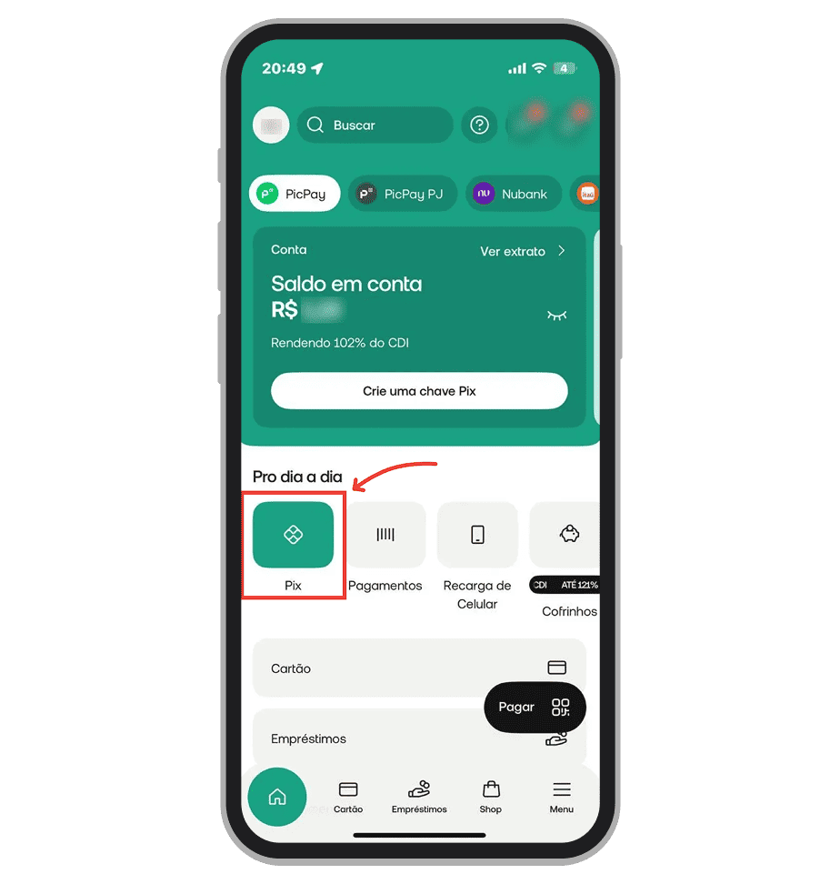 Acesse o app da PicPay e toque no botão Pix