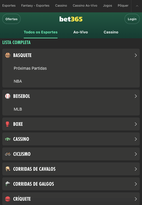 Esportes disponíveis na Bet365