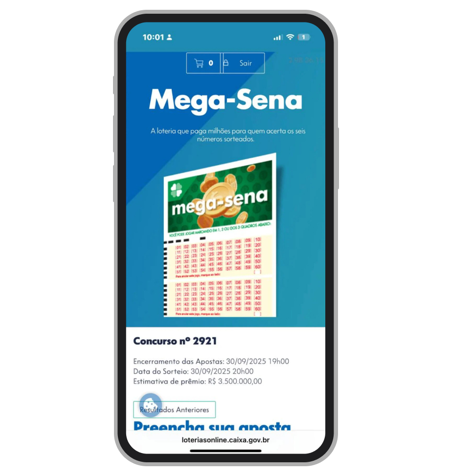 Mega-Sena no site móvel da Caixa