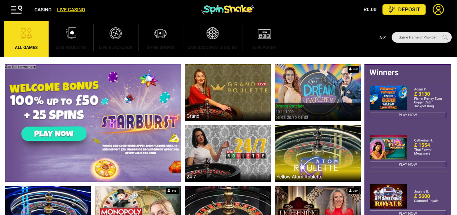 Spin Shake Live Casino