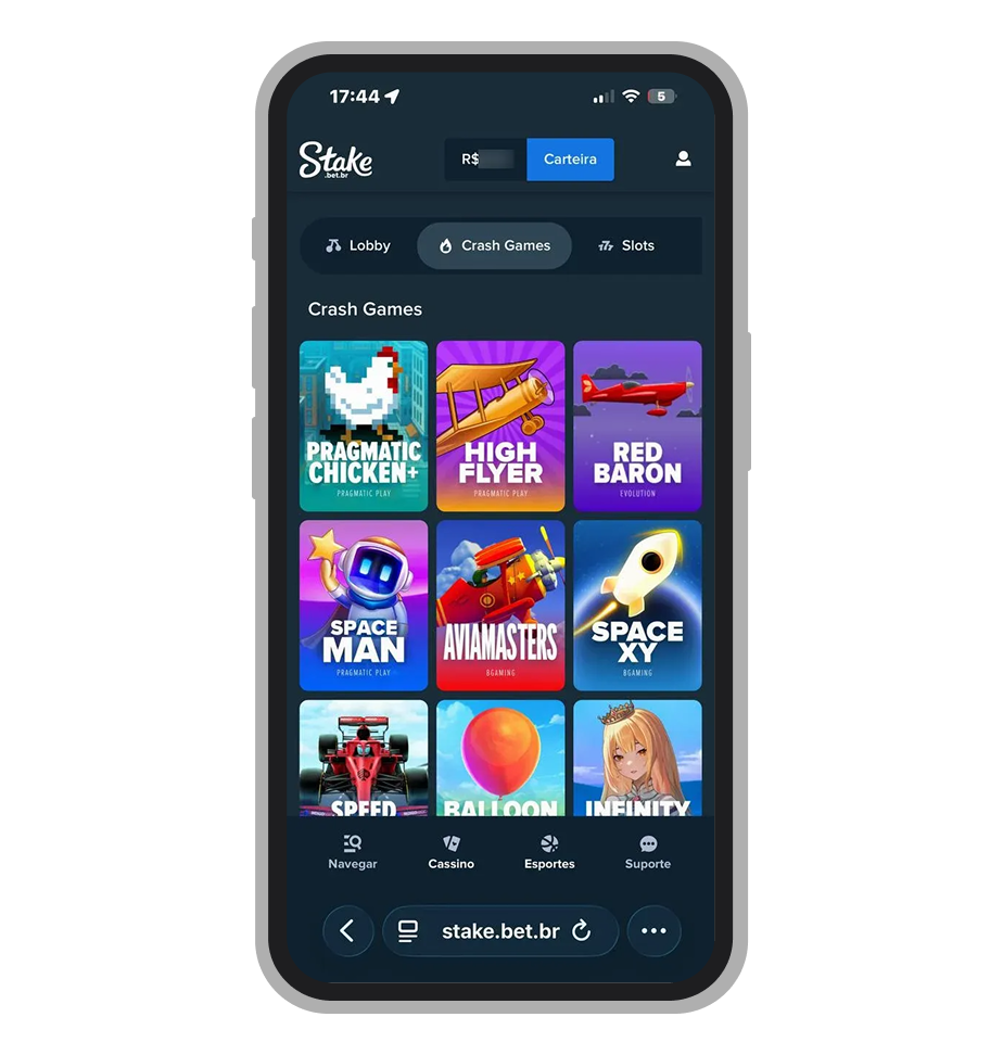 Seção de crash games do cassino Stake com Spaceman, Plinko e Mines