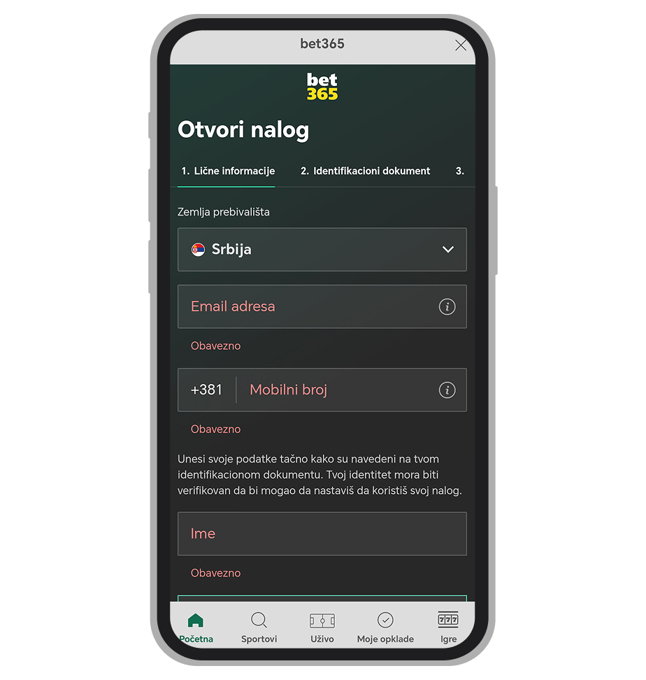 Stranica za registraciju Bet365