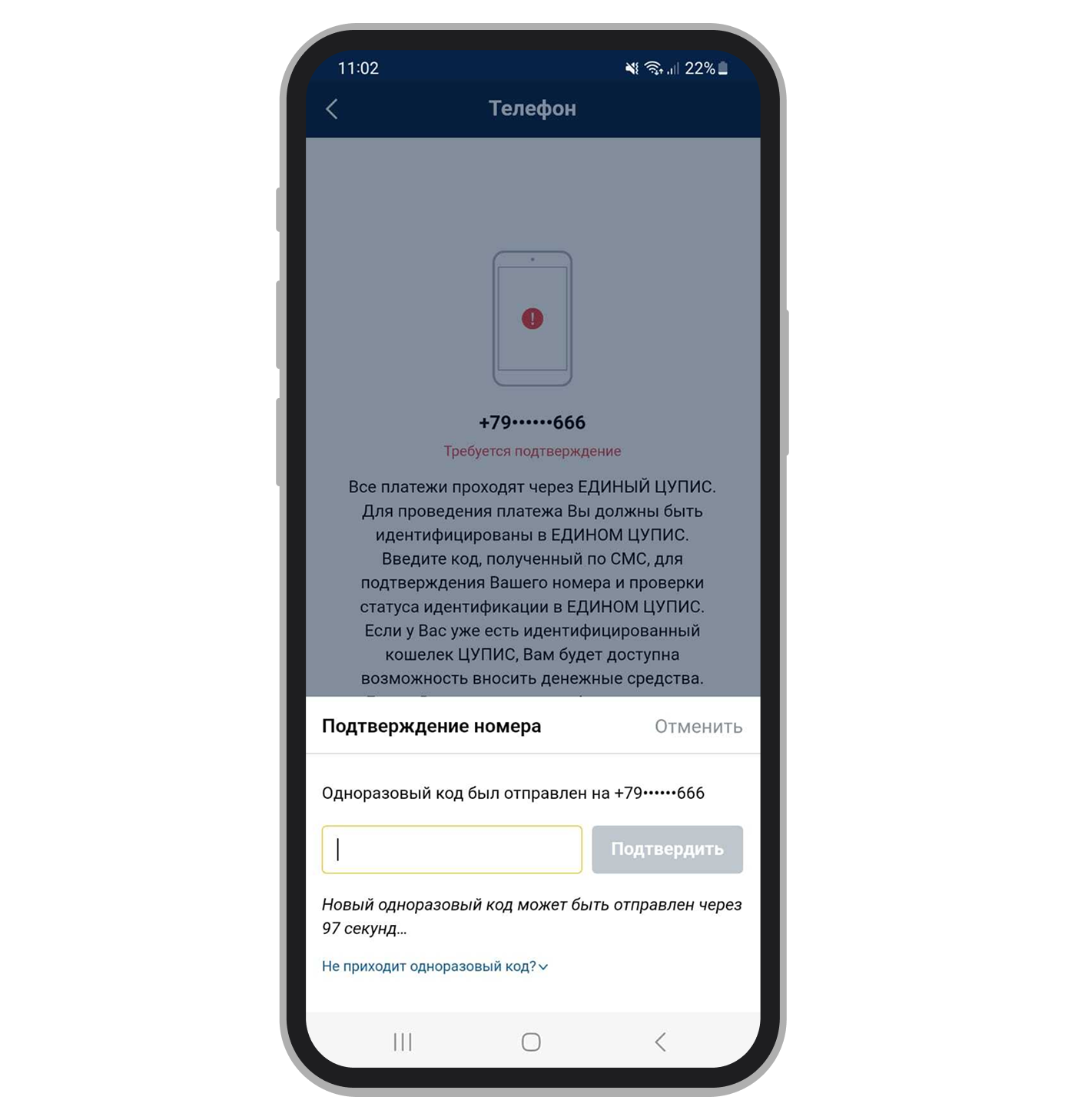 Специальное поле для ввода СМС-кода подтверждения