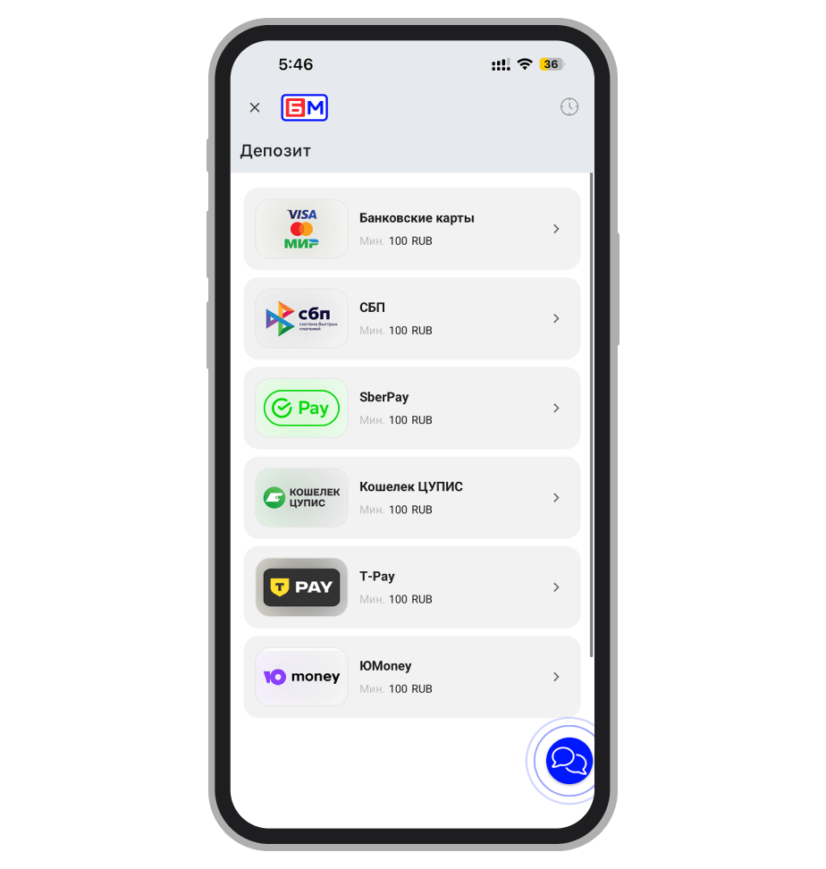 Доступные методы пополнения