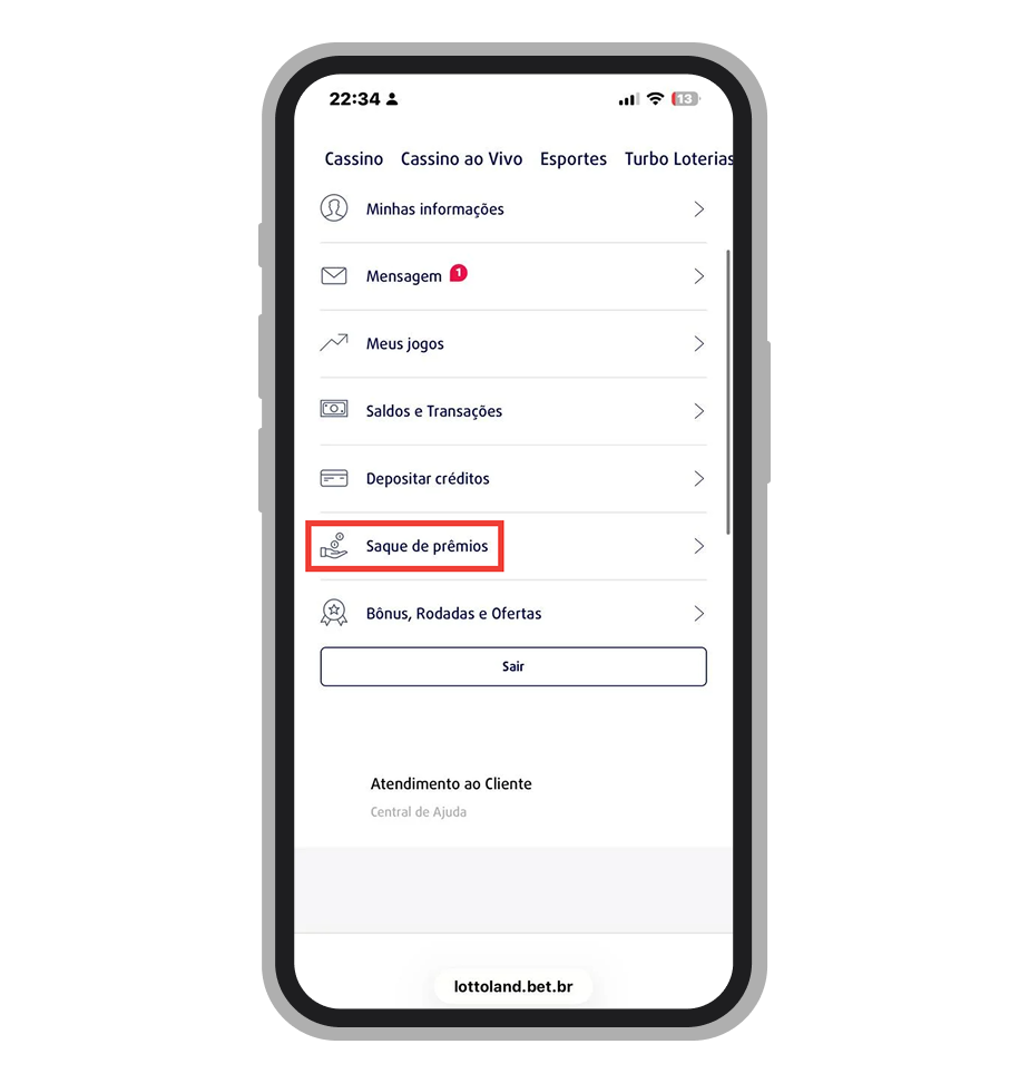 Menu da conta com a opção Saque de prêmios selecionada