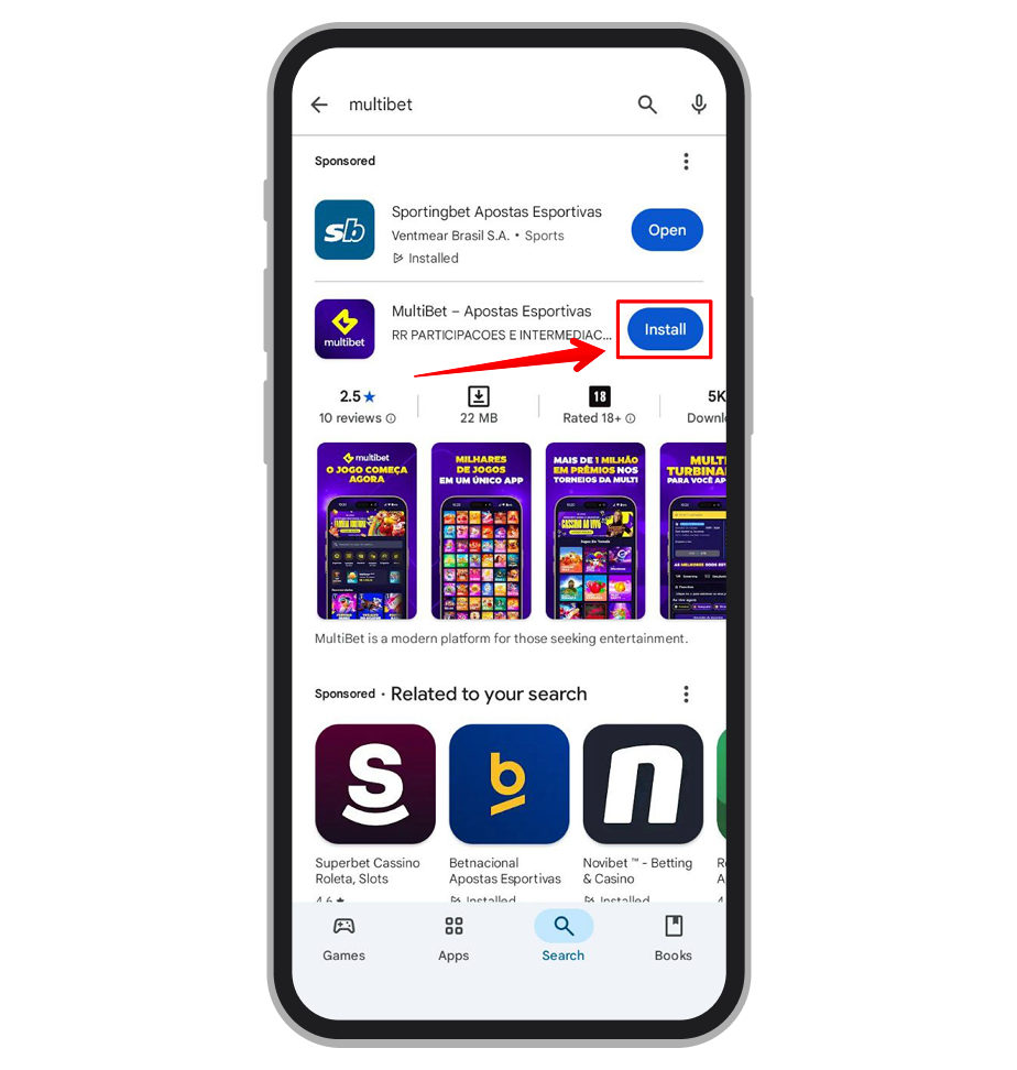 Busca por “Multibet” e toque em Instalar