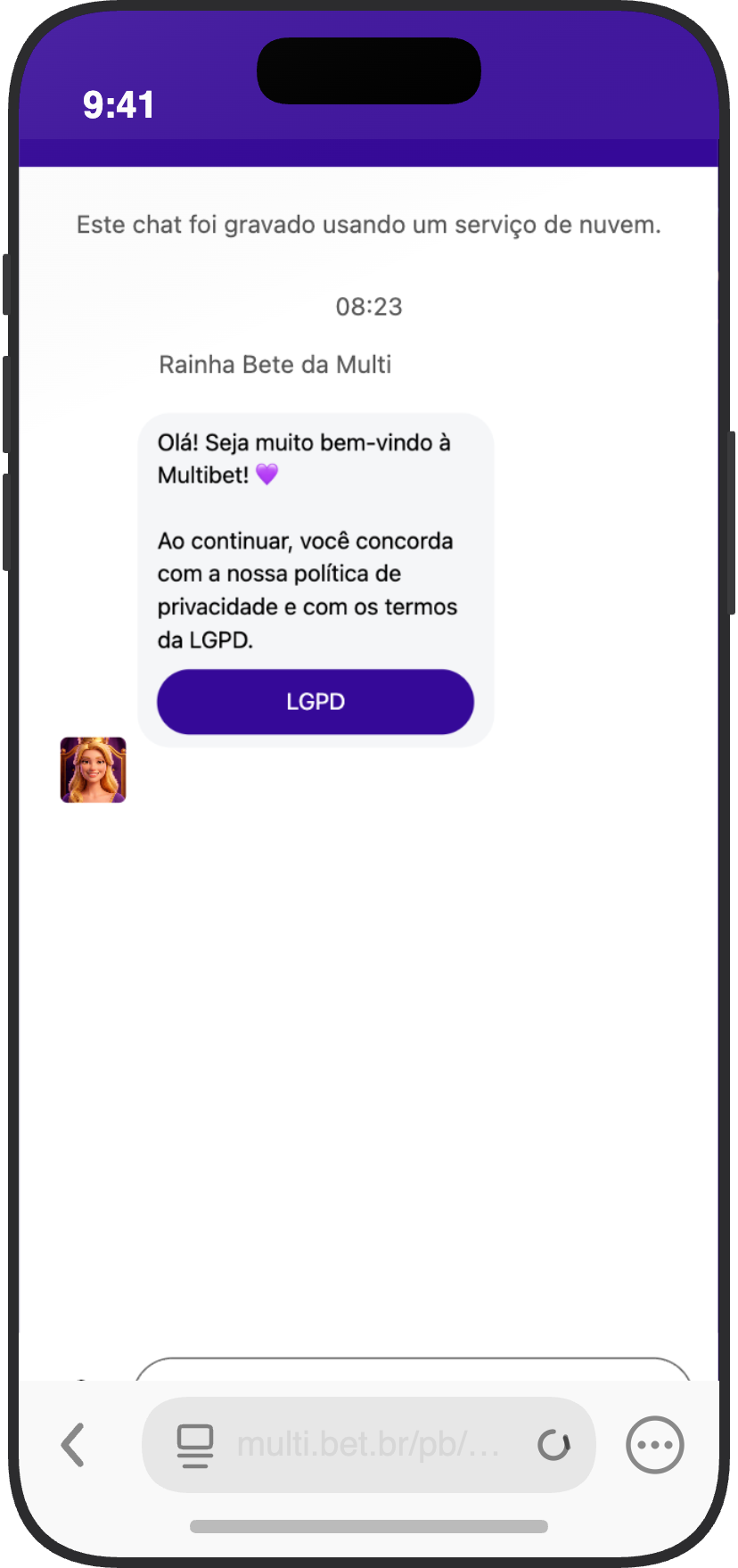 Chat ao vivo da Multibet no celular com mensagem de boas-vindas e aceite LGPD