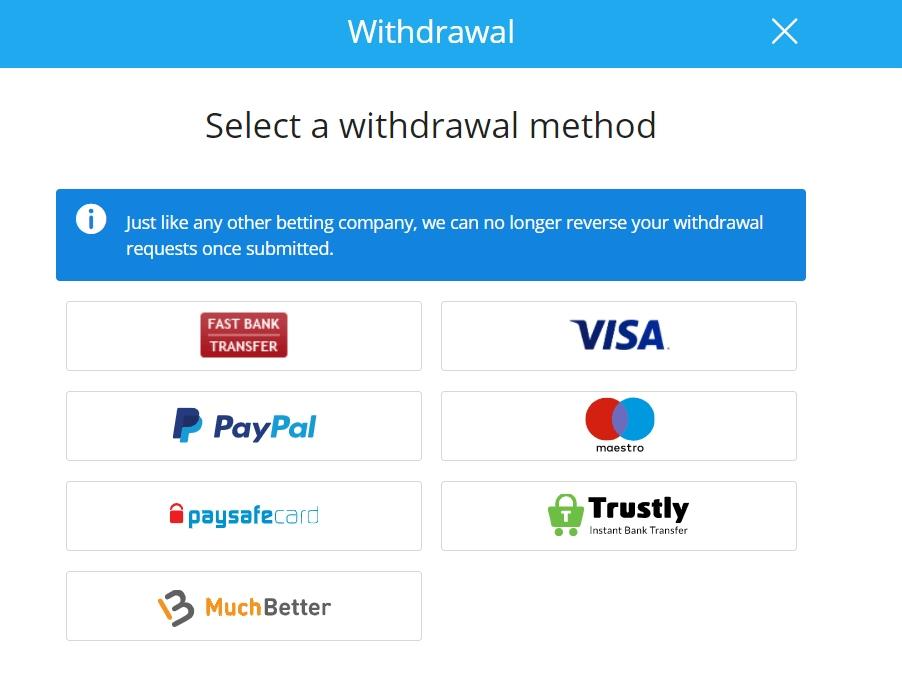 Select the method you wish to use for withdrawals
