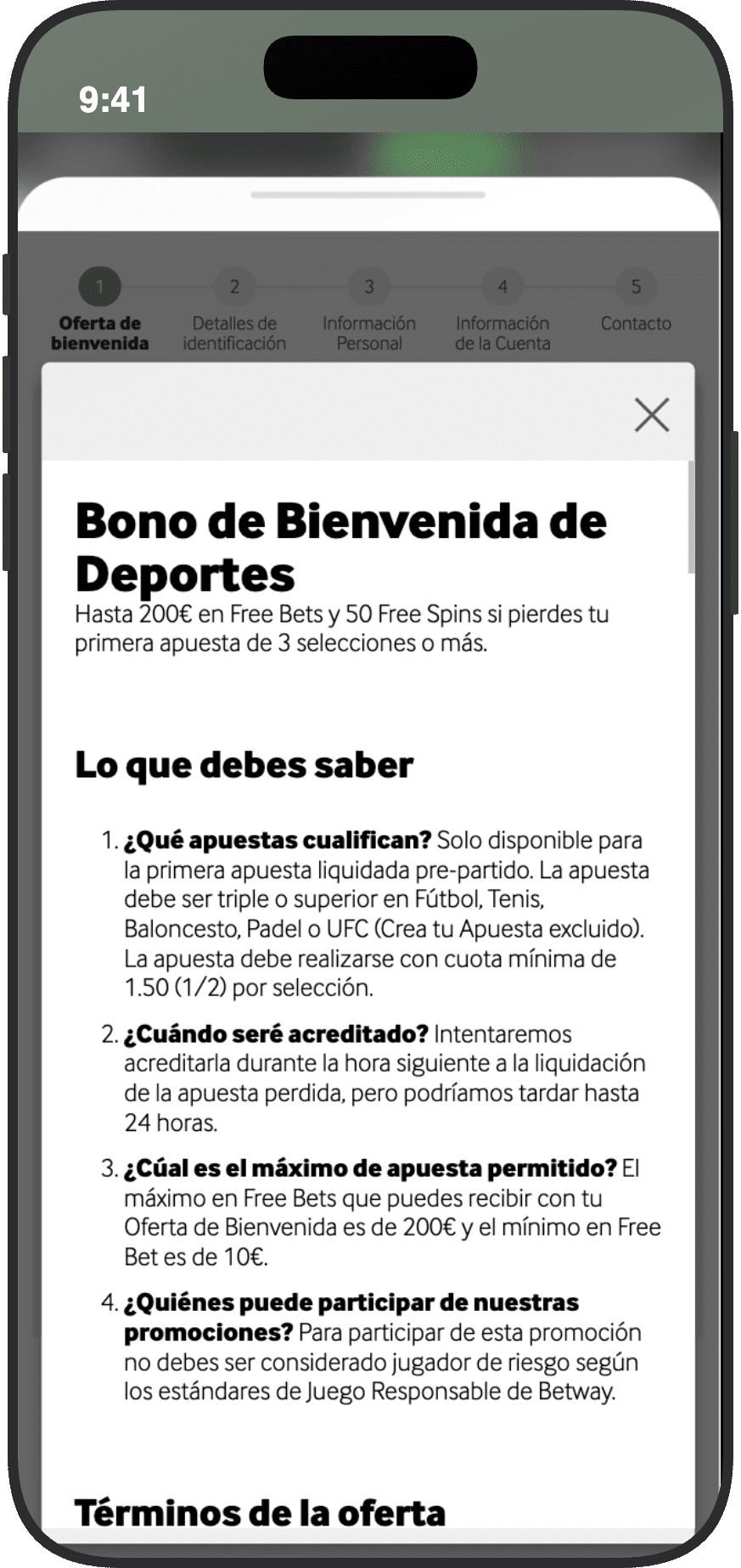 Términos del bono de bienvenida de deportes de Betway España: hasta 200€ en Free Bets y 50 Free Spins si pierdes tu primera apuesta de tres o más selecciones