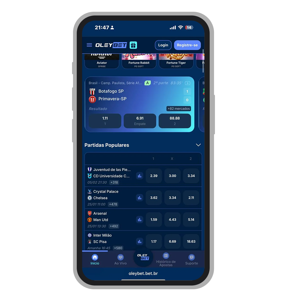 Oleybet oferecendo odds acima da média em partidas ao vivo