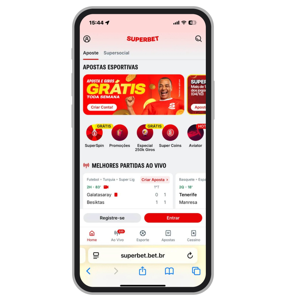 A telainicial do site móvel da Superbet