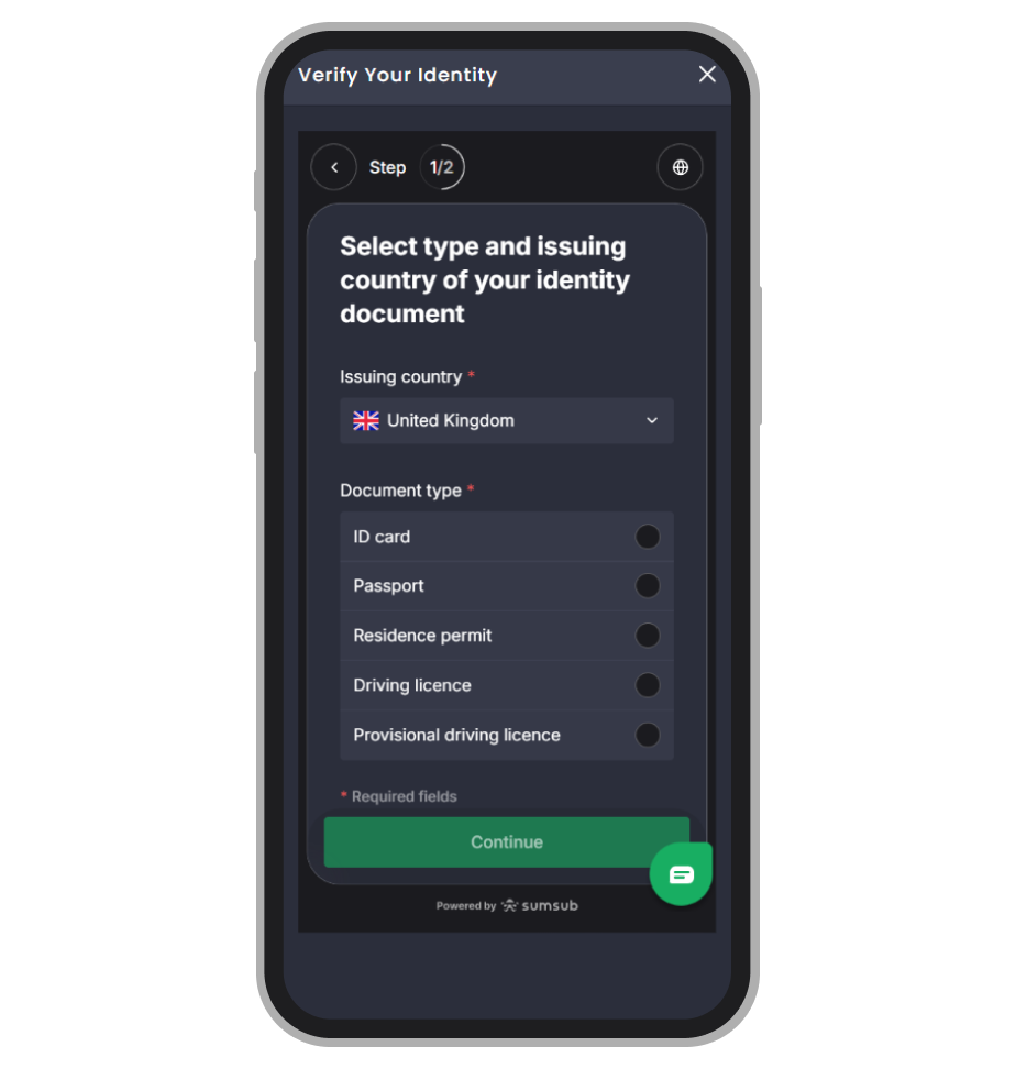 7bet identity verification: selecting a UK document type — passport, driving licence, ID card or residence permit
