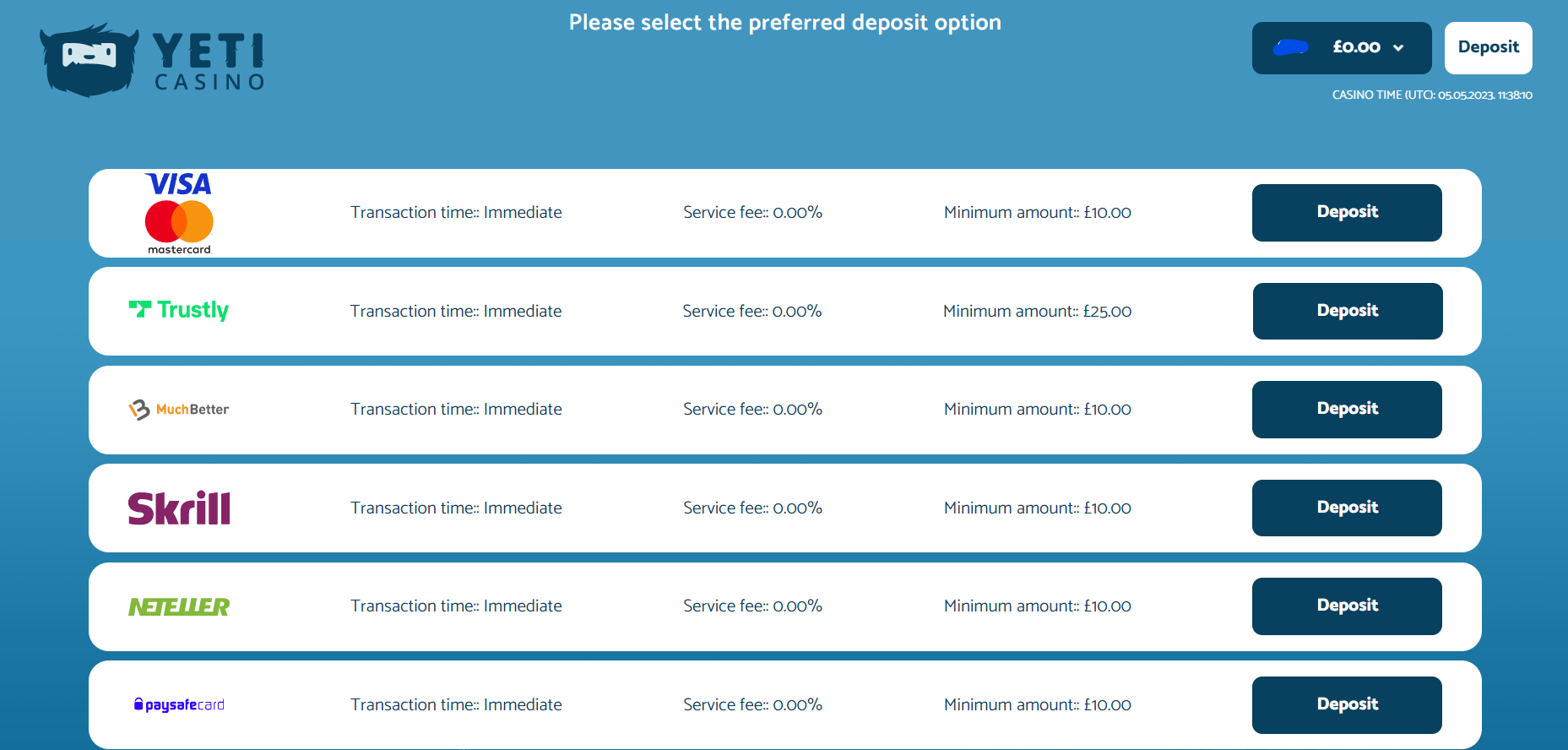 View deposit methods