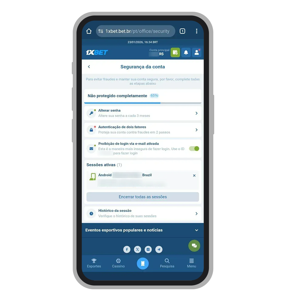 Área de segurança da conta no aplicativo 1xBet com sessões ativas e autenticação