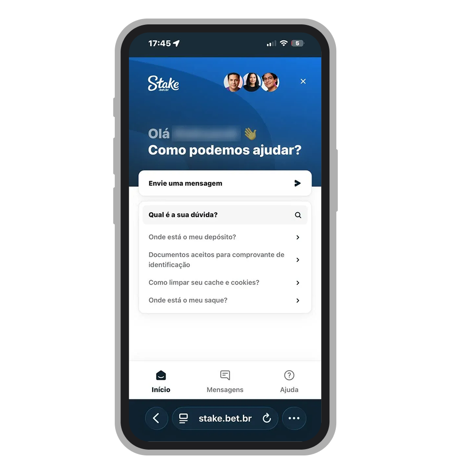 Chat ao vivo do suporte da Stake com ícone de Suporte ao vivo no menu lateral