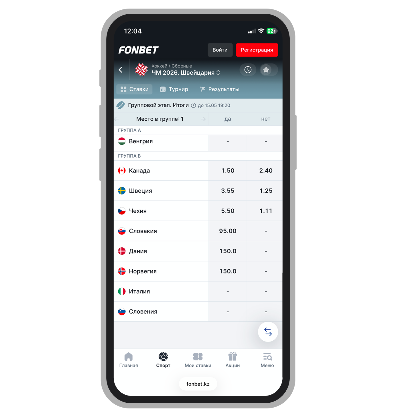 Рынок победителя группы B в Fonbet