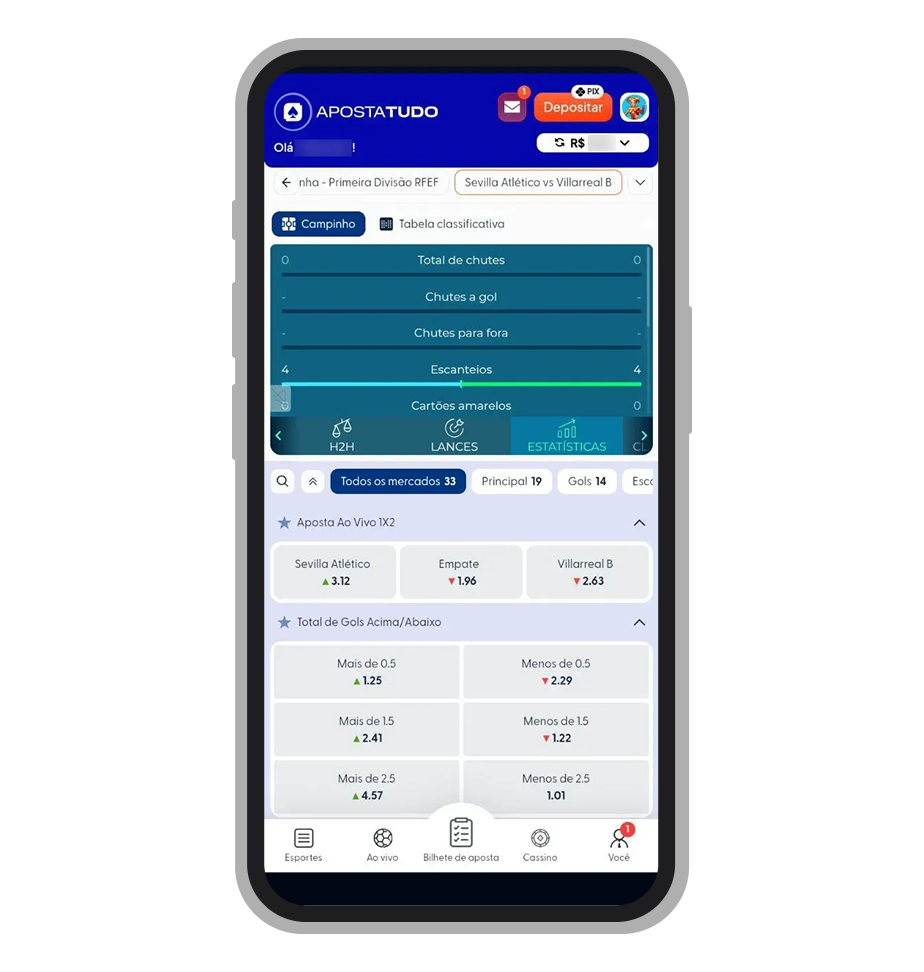 Seção de estatísticas ao vivo do app Apostatudo com infográfico Campinho