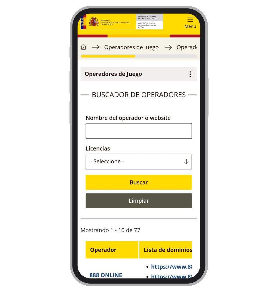 Sección de búsqueda de operadores, el sitio web oficial de la DGOJ