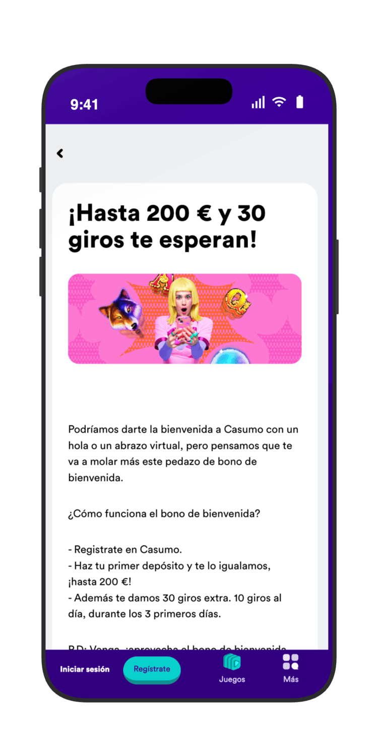 Detalles del bono de bienvenida de casino de Casumo: 100% hasta 200 euros y 30 giros extra repartidos en 3 días