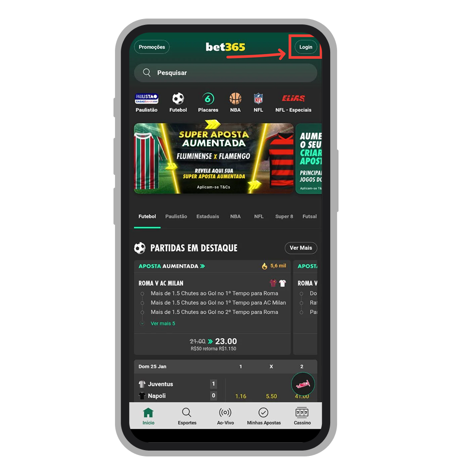 Página inicial do site mobile da Bet365 no Brasil com botão "Login"