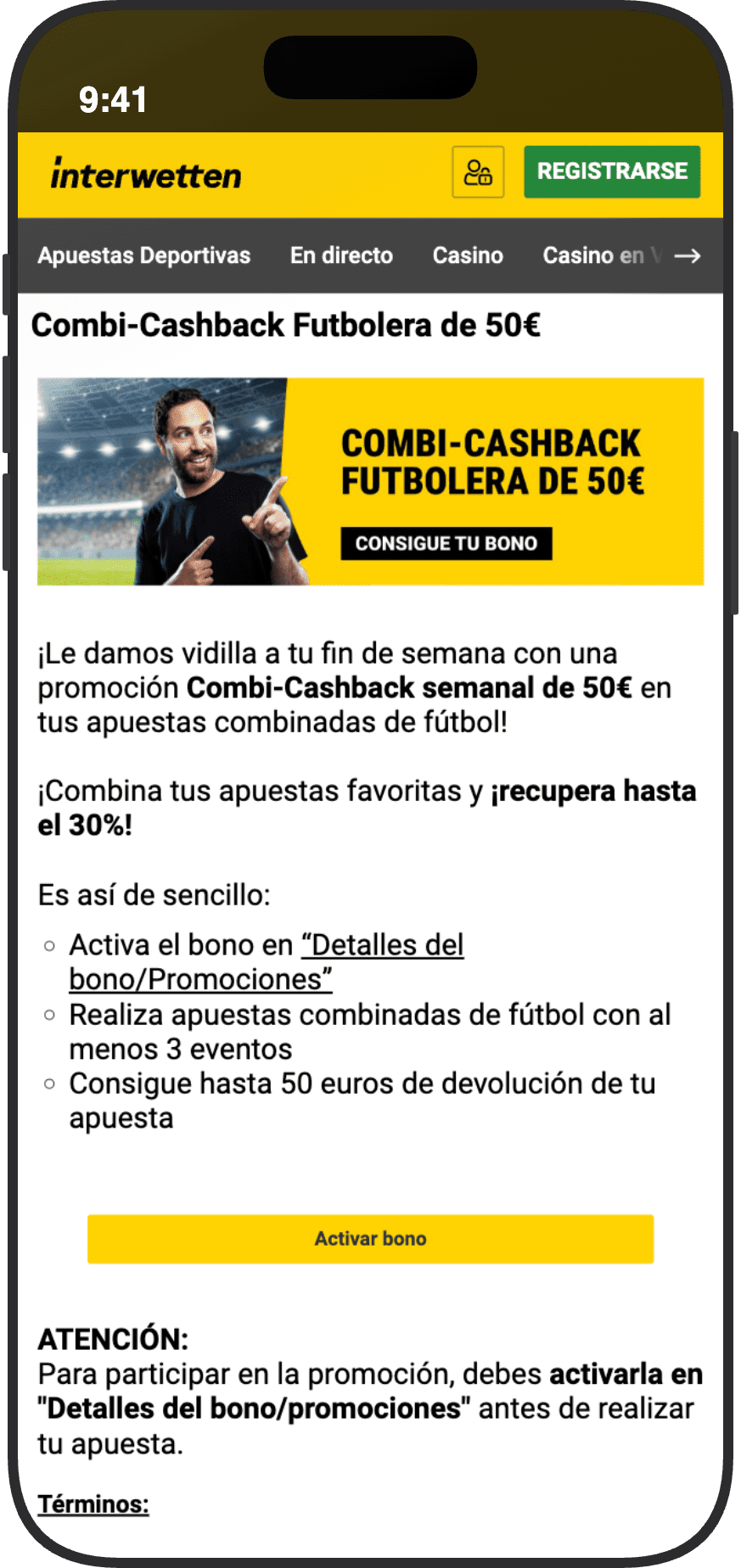 Promoción Combi-Cashback Futbolera de 50 euros en Interwetten con devolución de hasta el 30 por ciento en apuestas combinadas de fútbol