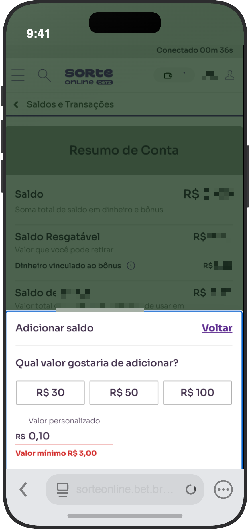 Tela de depósito da Sorte Online com valor mínimo de R$ 3