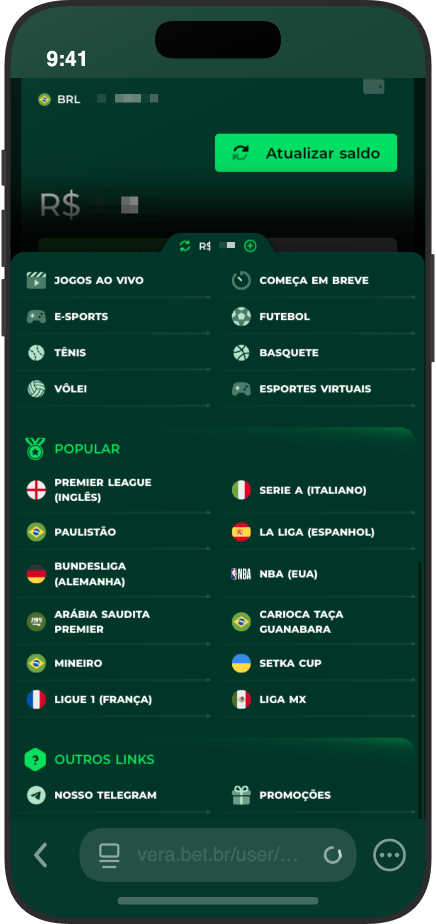 Menu lateral da Vera.bet com esportes, ligas populares, Telegram e link para promoções