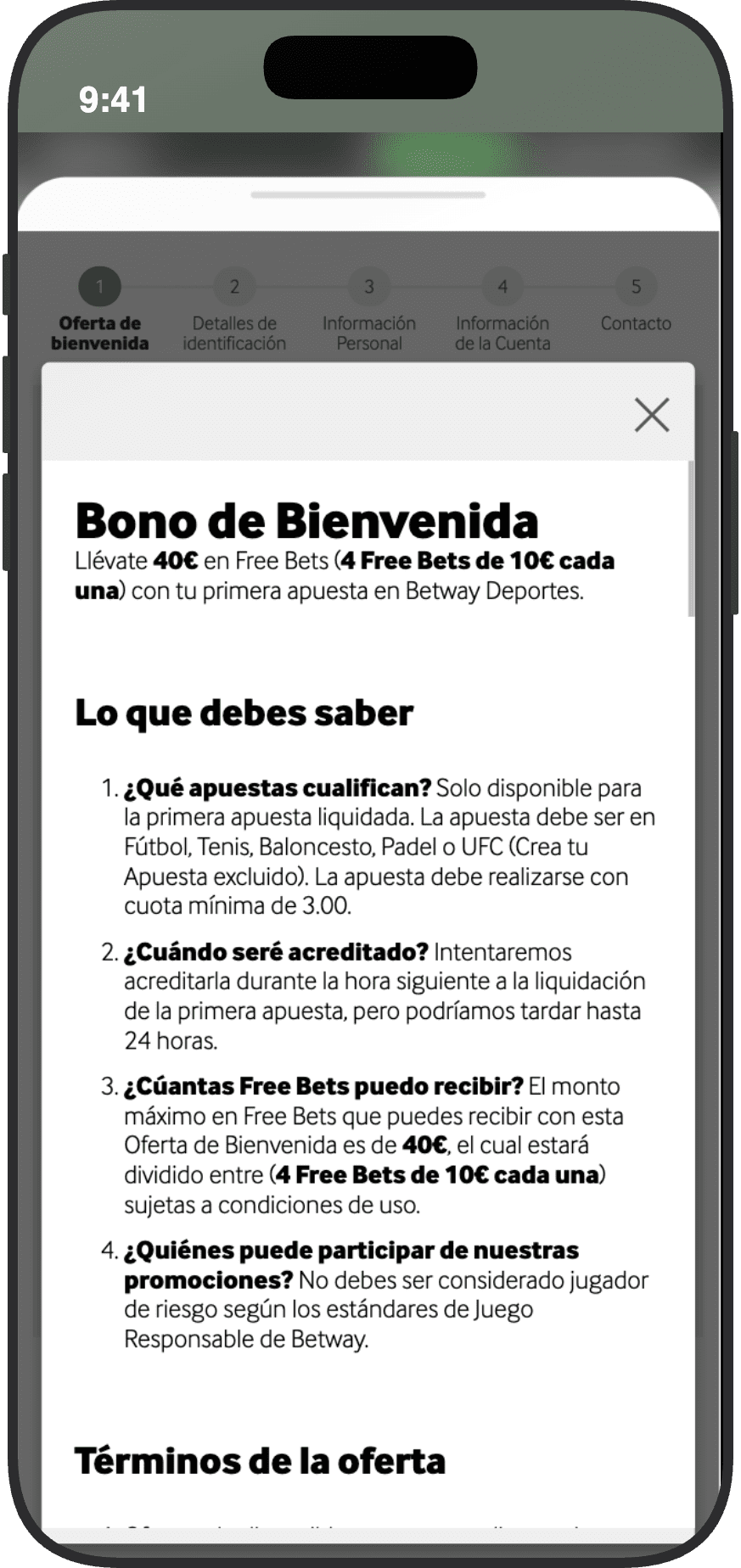 Términos de la oferta de bienvenida alternativa de Betway España: lleva 40€ en Free Bets divididas en 4 Free Bets de 10€ con tu primera apuesta en Betway Deportes