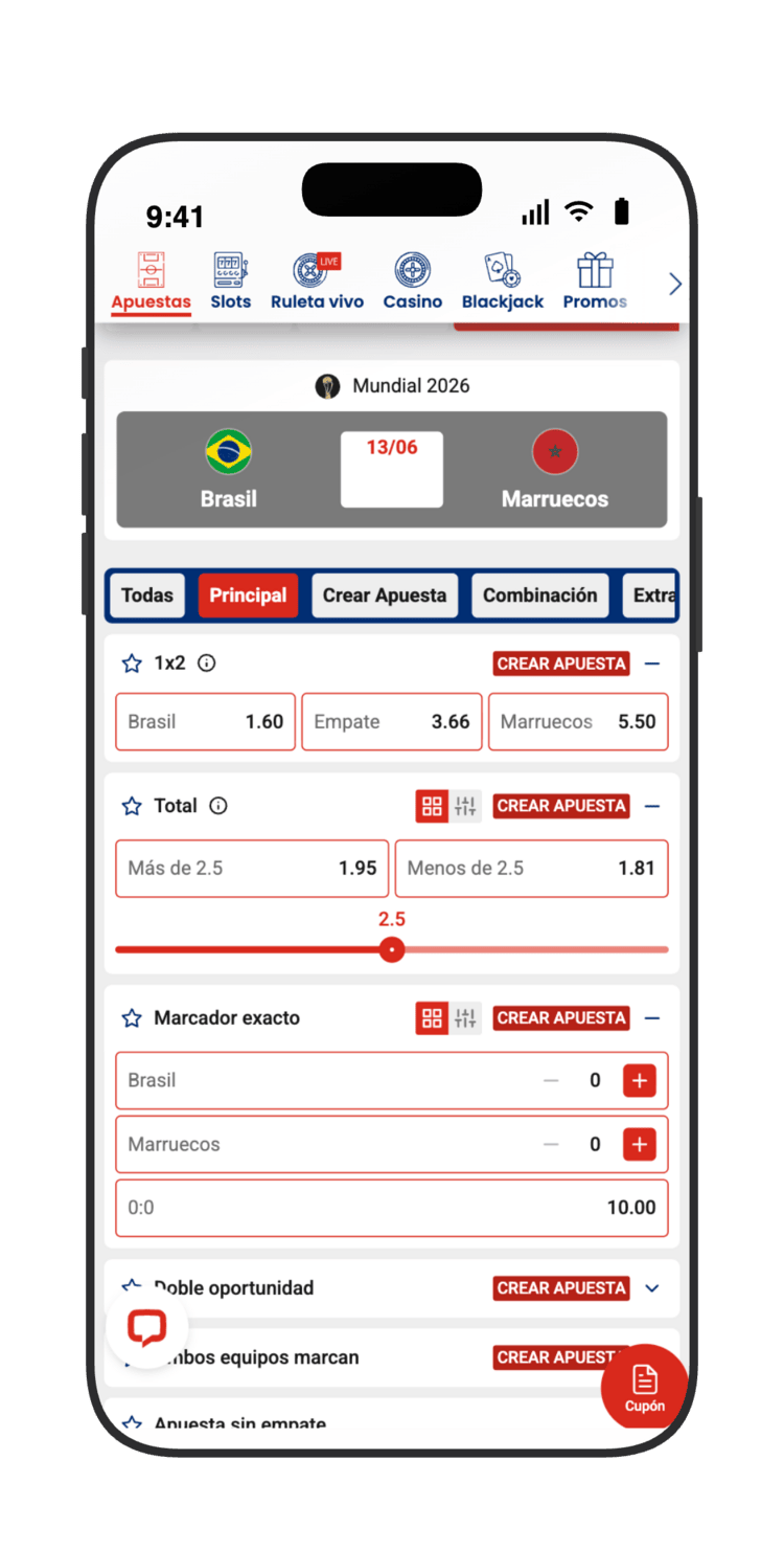 Mercados de Brasil vs Marruecos en JOKERBET: 1X2 (Brasil 1.60, Empate 3.66, Marruecos 5.50), más/menos de 2.5 goles y marcador exacto