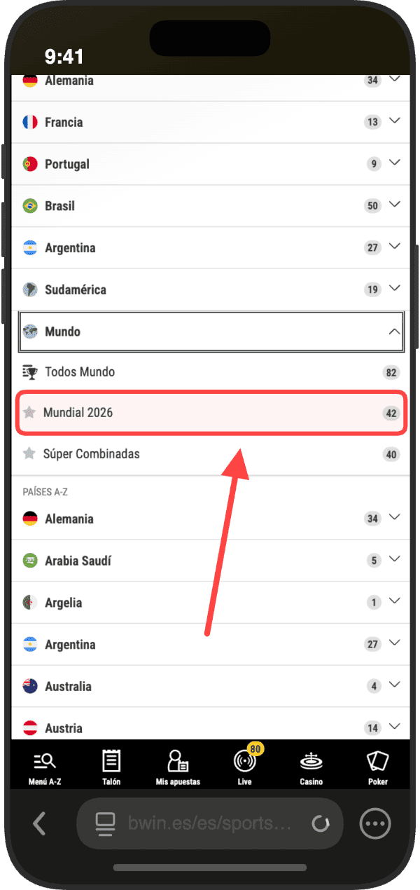 Selecciona Mundial 2026 en la sección Mundo de Bwin con 42 apuestas disponibles