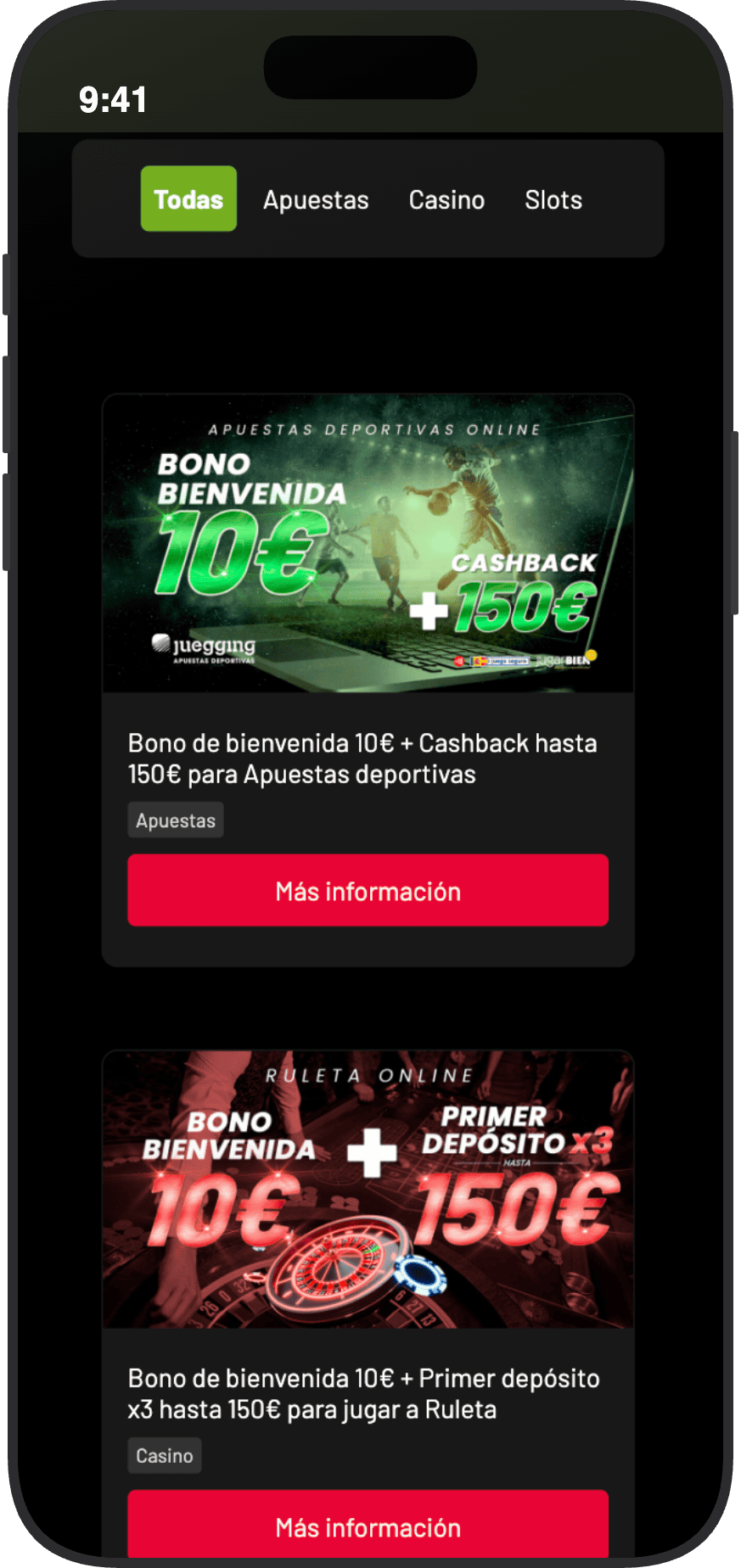 Página de promociones de Juegging con las categorías Todas, Apuestas, Casino y Slots y tarjetas de bonos de bienvenida