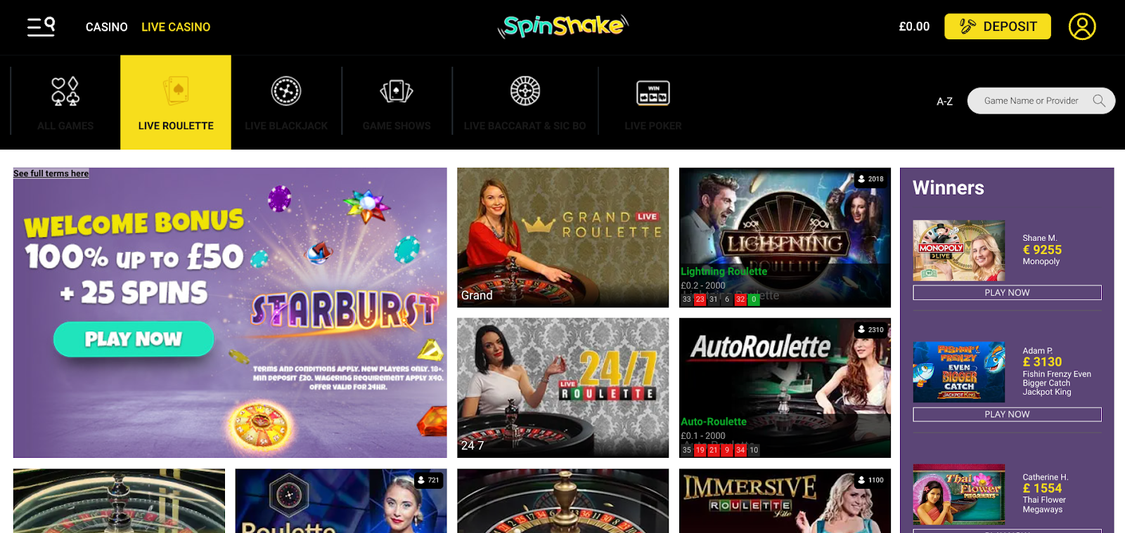 Roulette at Spin Shake Casino