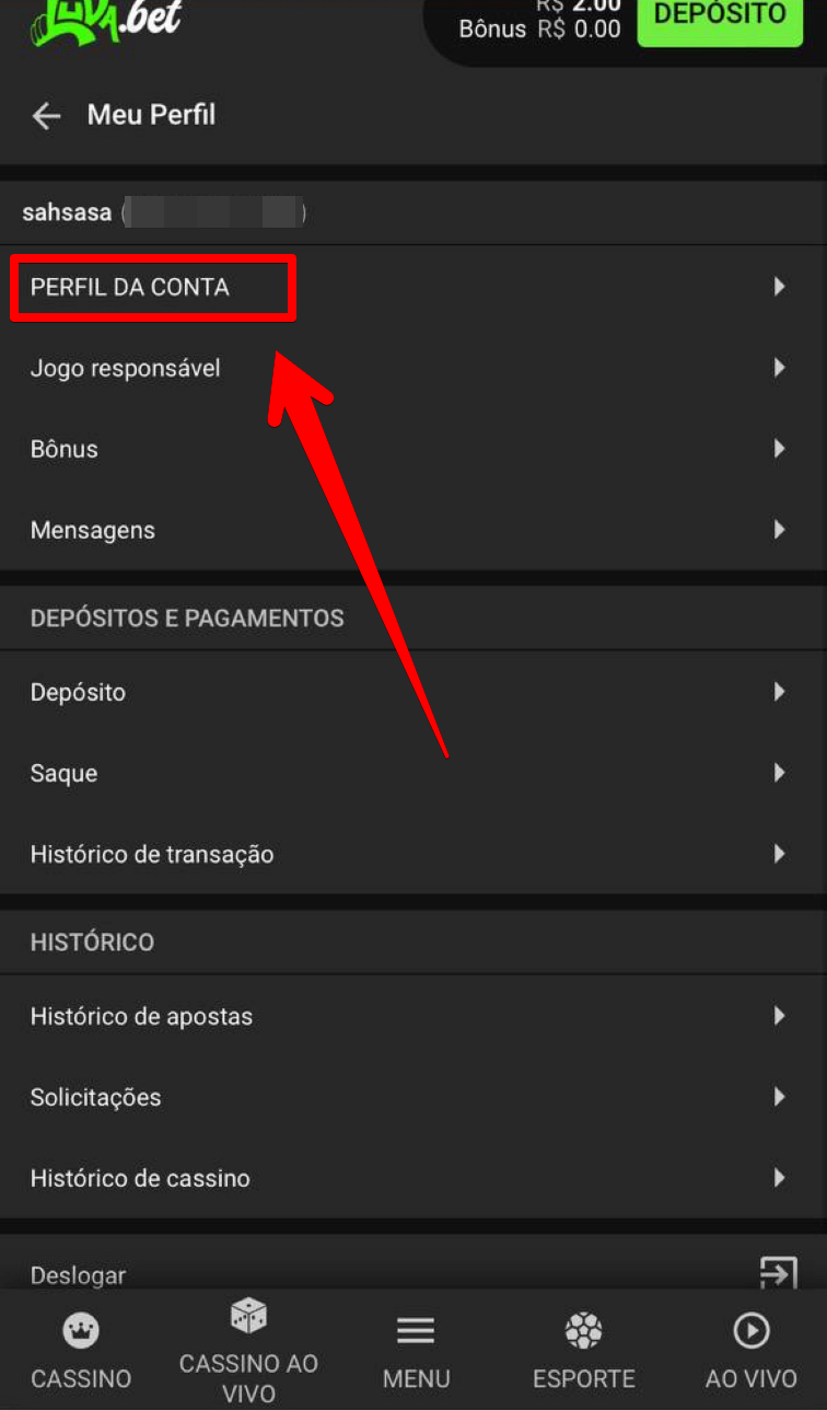 Acesse o menu do perfil da conta