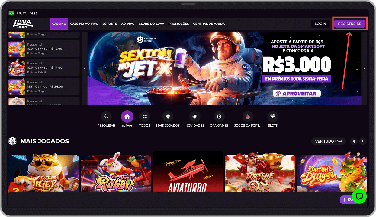 Toque no botão roxo de registro, elemento visual central na interface renovada da Luva.bet