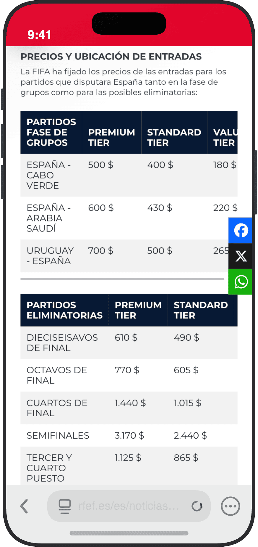 Precios de entradas de la FIFA para los partidos de España en el Mundial 2026 desde 180 hasta 700 dólares por partido