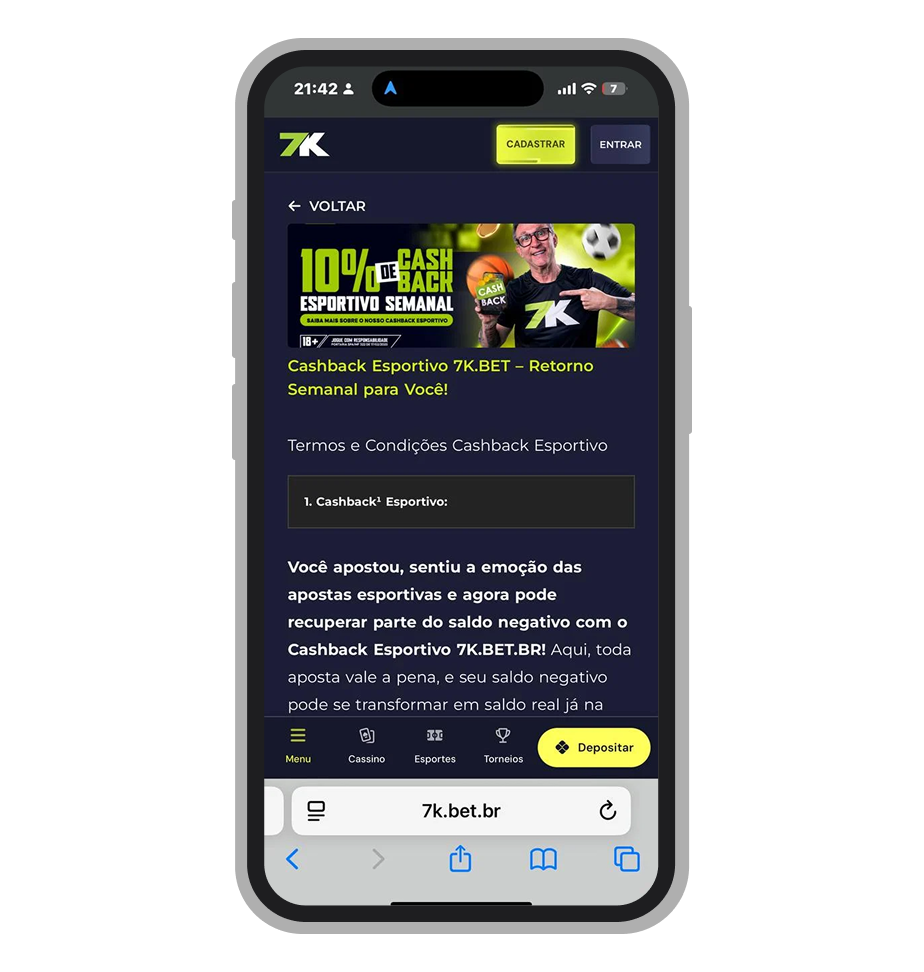 O Cashback Esportivo semanal de 10% da 7K.bet em apostas esportivas