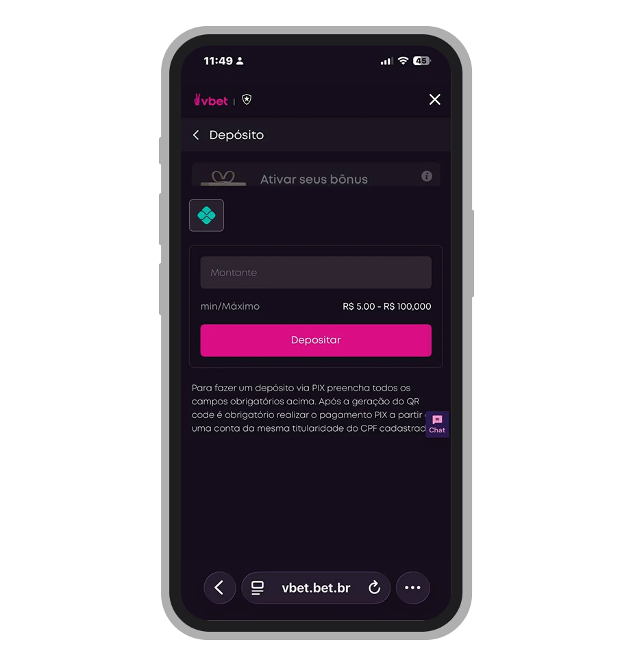 Depósito no site mobile da Vbet