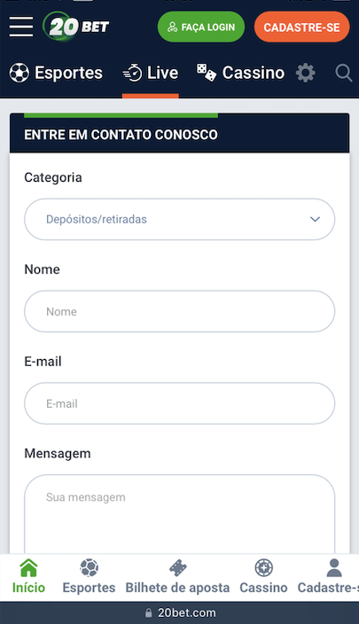 Suporte 20bet via e-mail