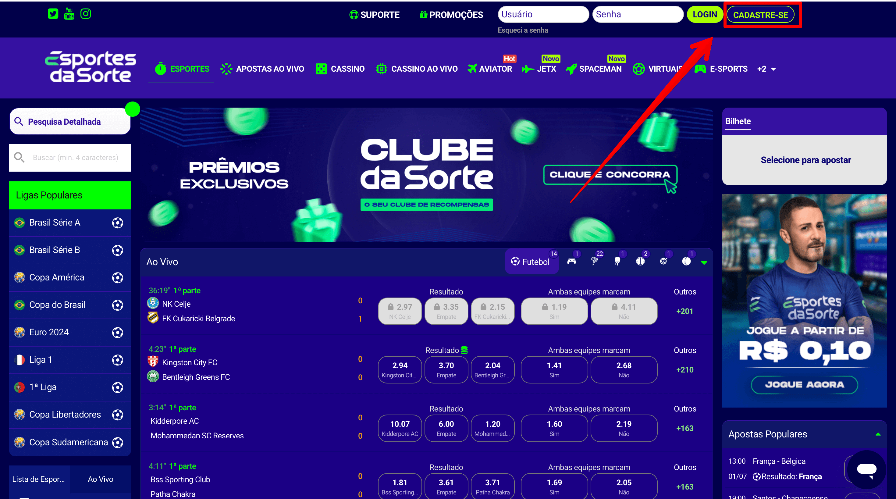 Clique no botão “Cadastre-se”