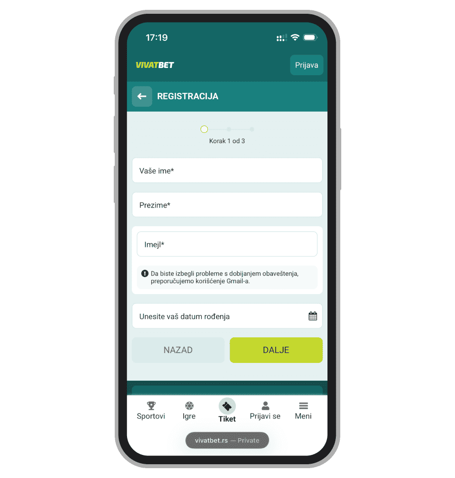 VivatBet registracija — lični podaci