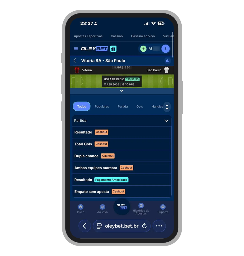 Mercados de apostas para jogo do Brasileirão Série A na OleyBet com odds do mercado 1X2