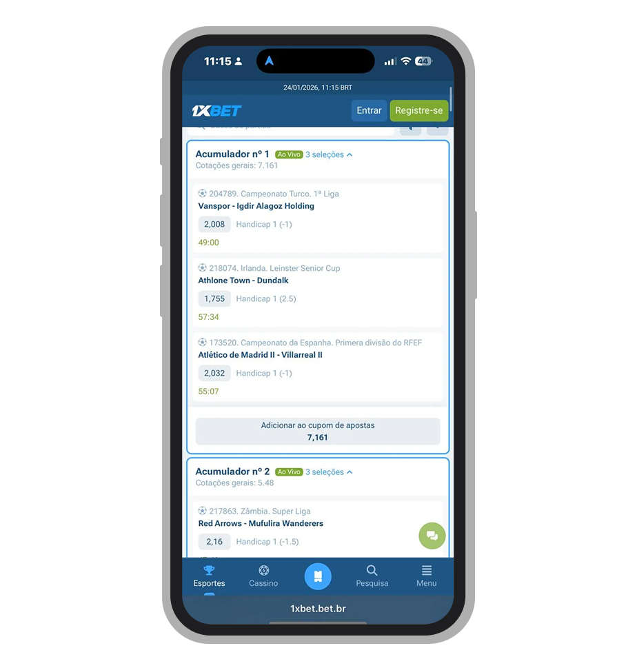 Interface da 1xBet Brasil mostrando a funcionalidade Acumulador do Dia com seleções de apostas múltiplas pré-montadas 