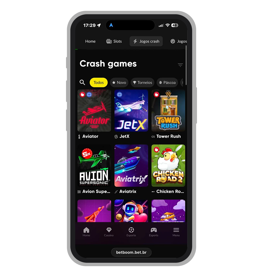 Seção de crash games no BetBoom com Aviator, Spaceman e Mines em destaque