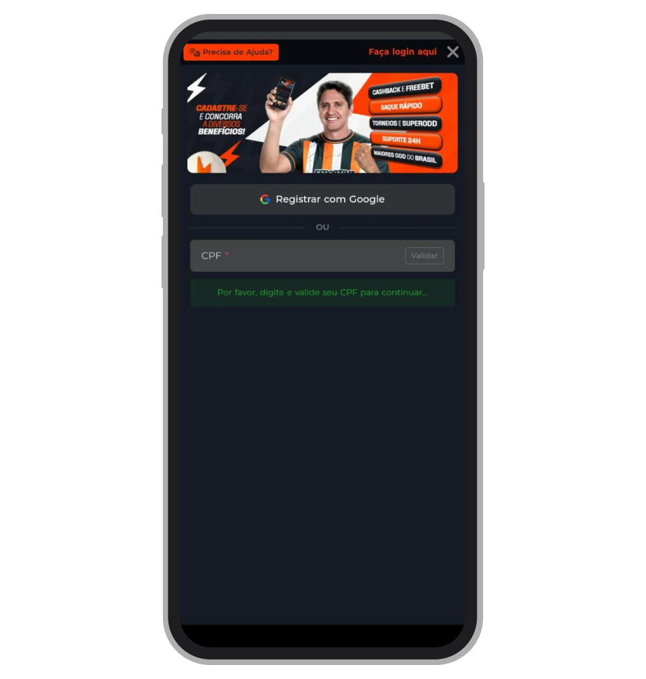Primeira etapa do cadastro no aplicativo Esportiva.bet, onde o usuário informa e valida o CPF